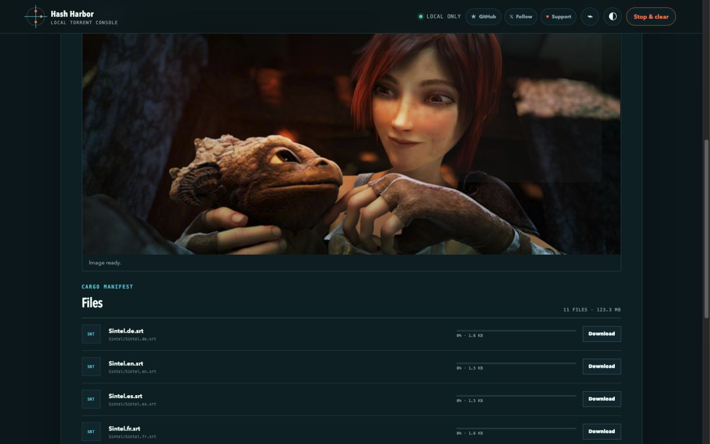 Sintel playing in Hash Harbor with the torrent file list below