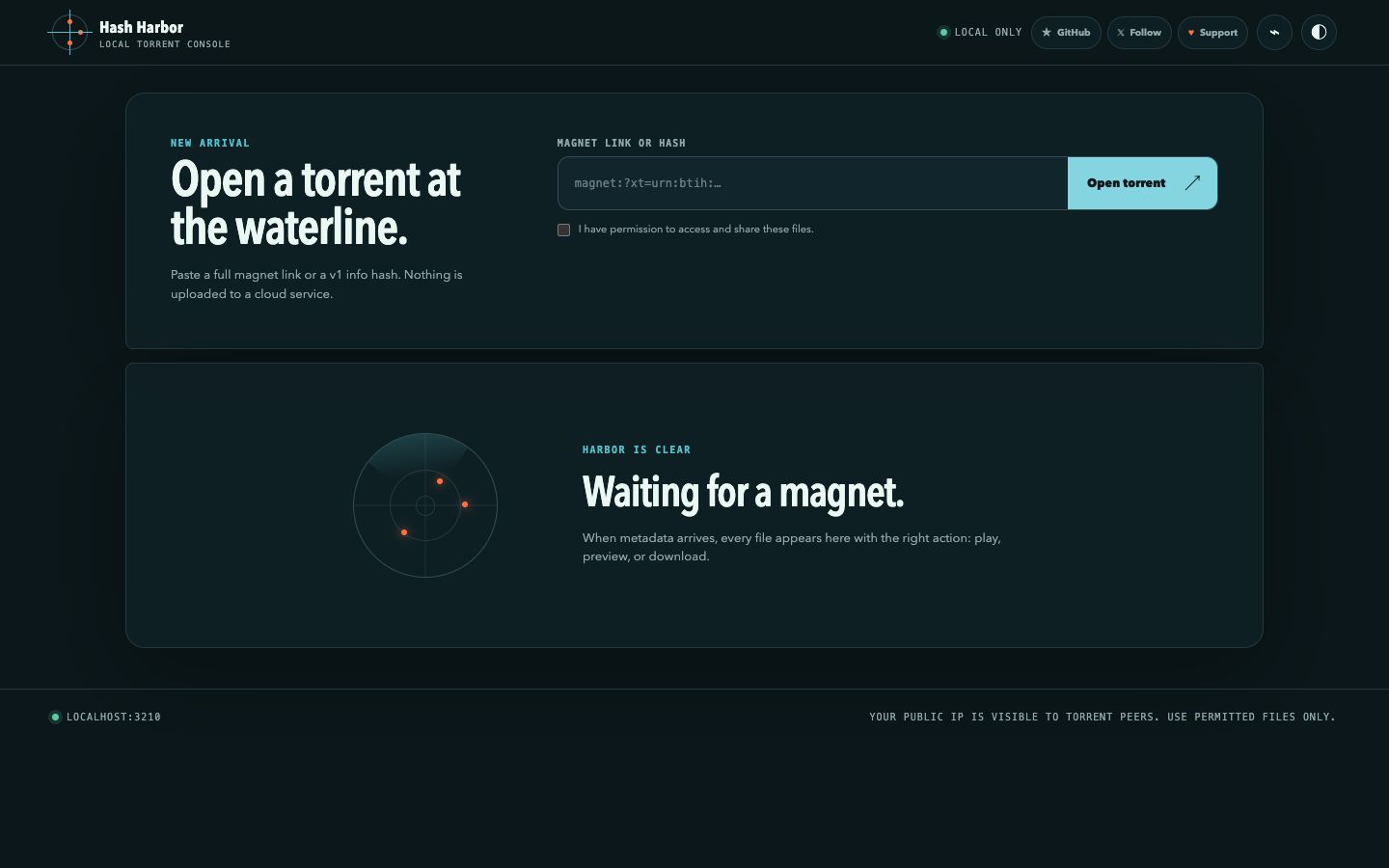 Hash Harbor home screen running at localhost