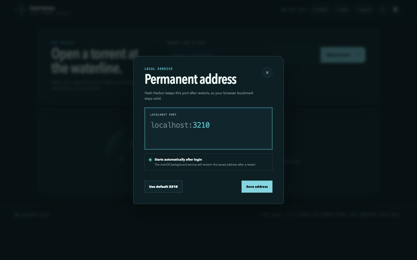 Hash Harbor settings panel for the local port and start-at-login service